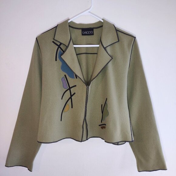 Vintage beppa Wool Jacket Olive Green Abstract Floral Boho Artsy Retro Small - Picture 3 of 8